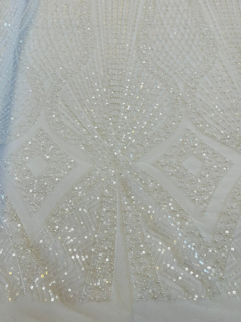 Beaded Diamond Design Fabric - White - Beaded Embroidered Diamond Zig Zag Design on Mesh By Yard