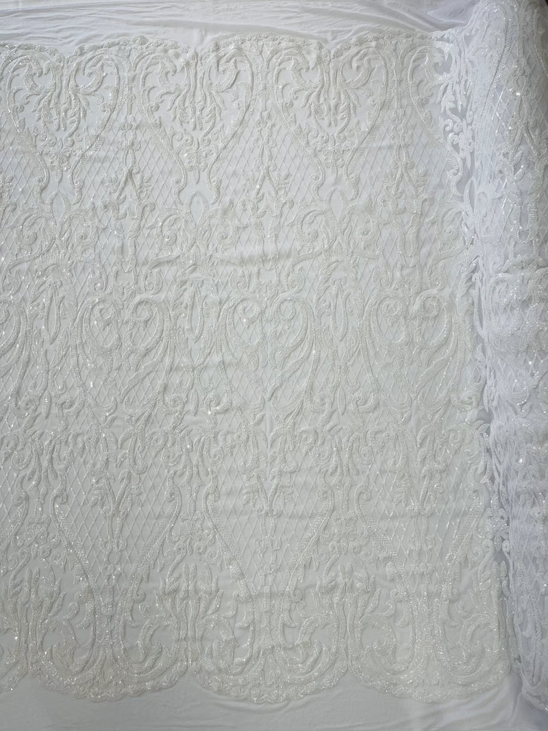 Heart Damask Sequins - White - 4 Way Stretch Elegant Shiny Net Sequins Fabric By Yard