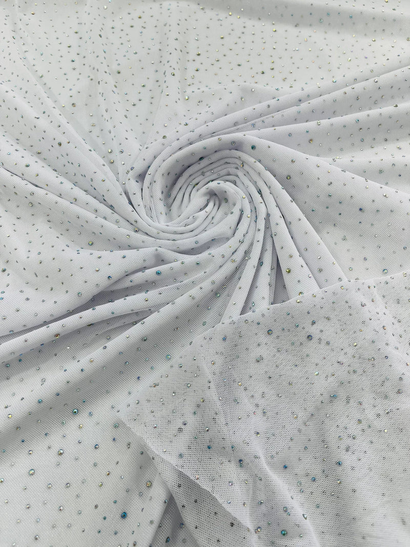 Power Mesh Polyester Rhinestone Fabric - White - 4 Way Stretch Power Mesh Fabric Crystal Stones By Yard