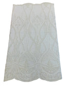 Wavy Design Fabric with Leaves - White - Elegant Beaded Design Embroidered on a Mesh Sold By Yard