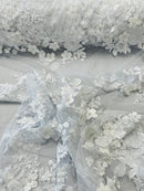 Floral 3D Rose Fabric - White - Embroided Rose Flower Design Fabric Sold by Yard