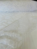 Beaded Fashion Design Fabric - White - Beaded Embroidered Damask Style Fabric on Mesh By Yard