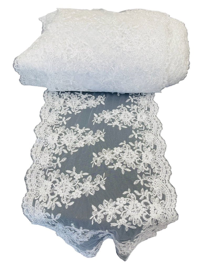Flower Cluster Lace Sequins Table Runner - White - Floral Lace Table Runner Sold By Yard