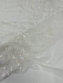 Beaded Floral Line Fabric - White - Beaded Embroidered Lines and Flowers on Mesh By Yard