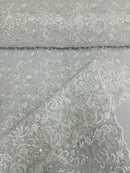 Metallic Floral Lace Fabric - White - Embroidered Sequins Floral Design Yard