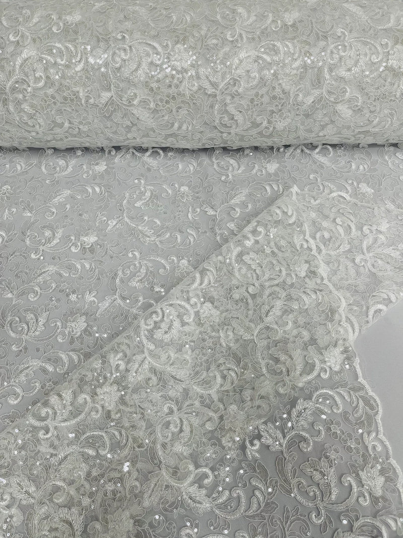 Metallic Floral Lace Fabric - White - Embroidered Sequins Floral Design Yard