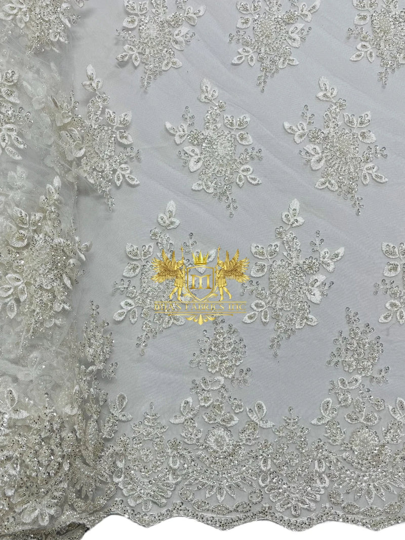 Floral Beaded Fabric - White - Embroidered Beaded Flowers Cluster Design on a Mesh Sold By Yard