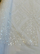 Beaded Diamond Design Fabric - White - Beaded Embroidered Diamond Zig Zag Design on Mesh By Yard