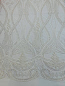 Wavy Design Fabric with Leaves - White - Elegant Beaded Design Embroidered on a Mesh Sold By Yard