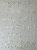 Floral Plant Lace Fabric - White - Flower Plant Design Lace Sequins Fabric Sold By Yard