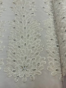 3D Beaded Peacock Feathers - White - Vegas Design Embroidered Sequins and Beads On a Mesh Lace Fabric (Choose The Panels)