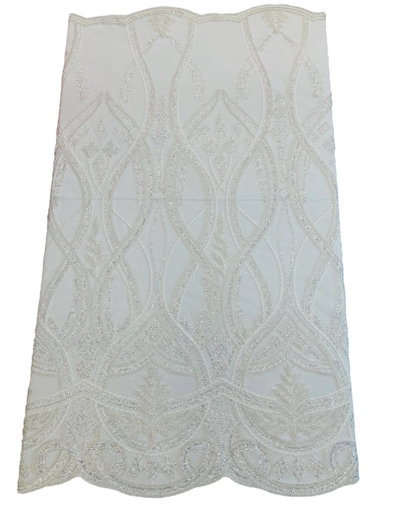 Wavy Design Fabric with Leaves - White - Elegant Beaded Design Embroidered on a Mesh Sold By Yard