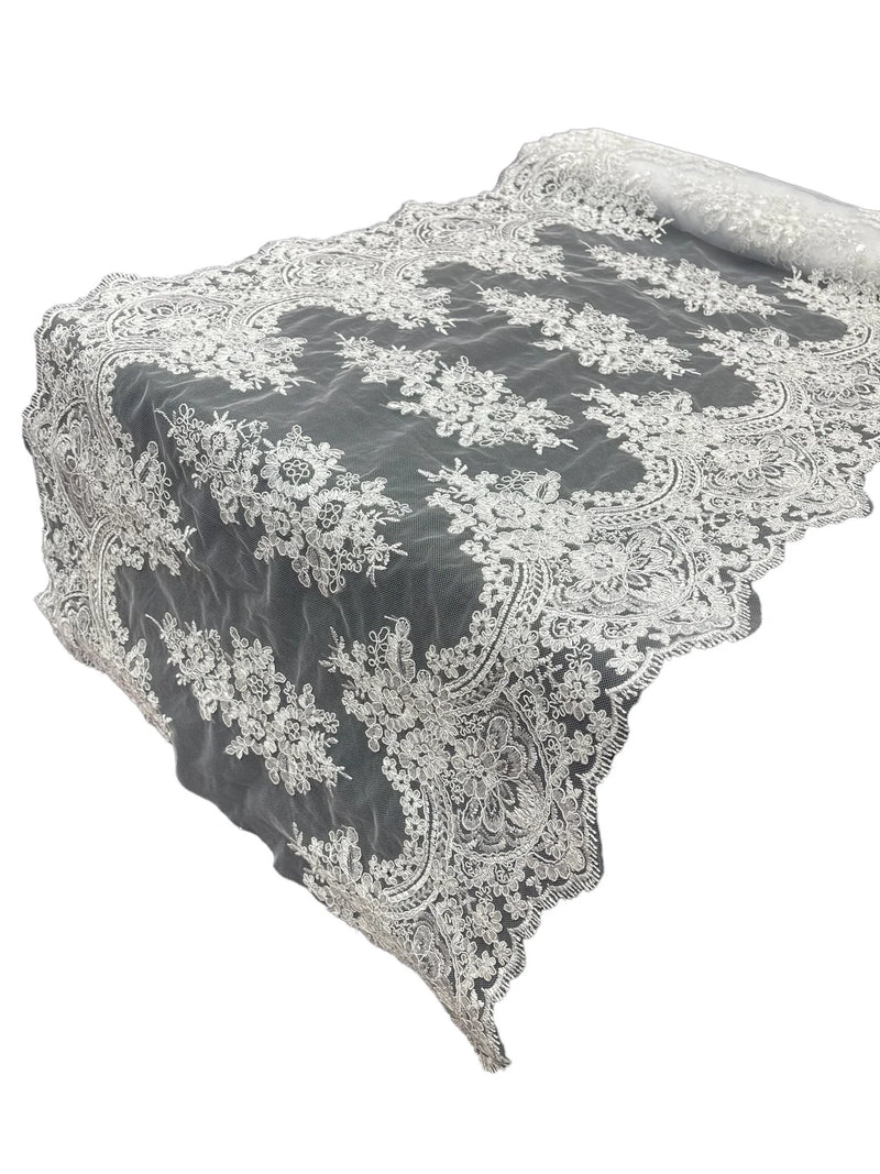 21" Floral Lace Metallic Design Table Runner - White - Floral Runner for Event Decor Sold By The Yard