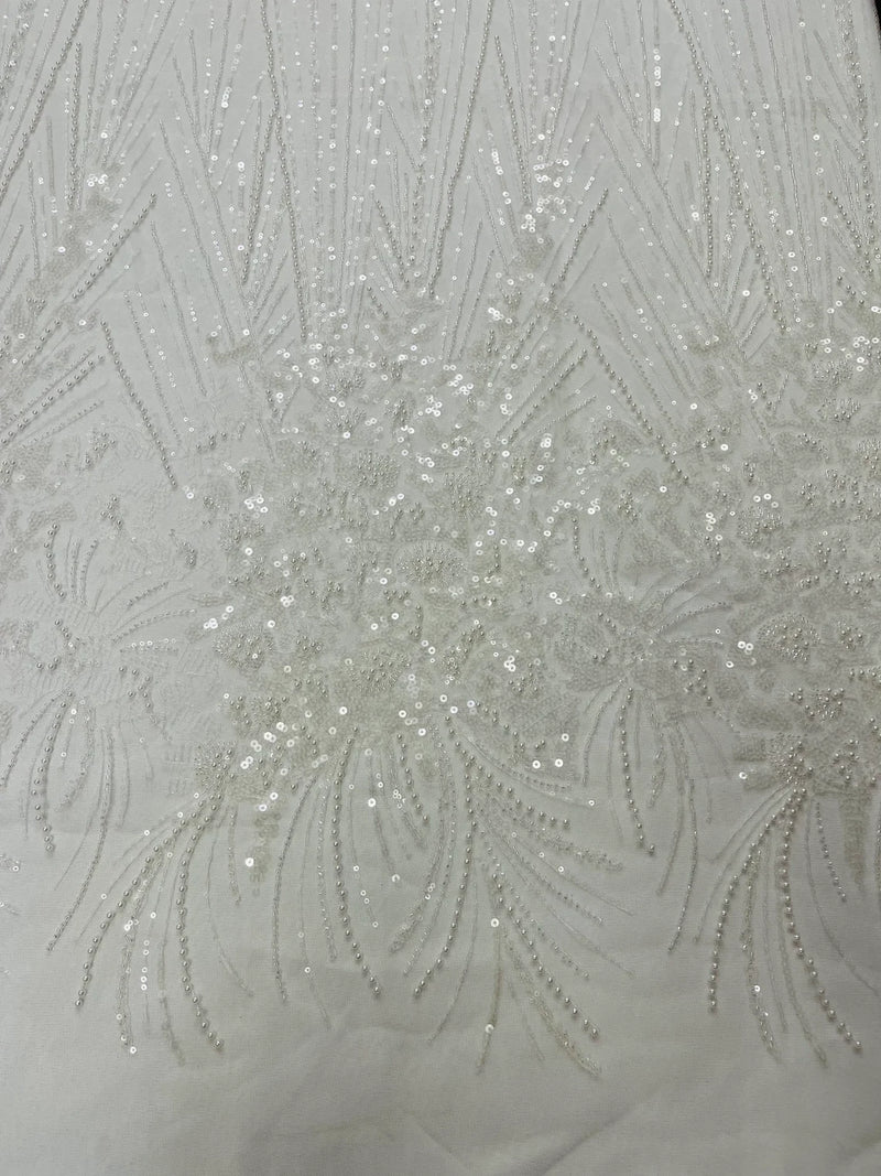 Beaded Floral Line Fabric - White - Beaded Embroidered Lines and Flowers on Mesh By Yard