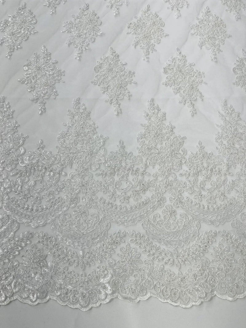 Beaded Flower Cluster Fabric - White - Embroidered Beaded Fancy Border Floral Fabric Sold By Yard