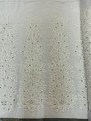 3D Beaded Peacock Feathers - White - Vegas Design Embroidered Sequins and Beads On a Mesh Lace Fabric (Choose The Panels)