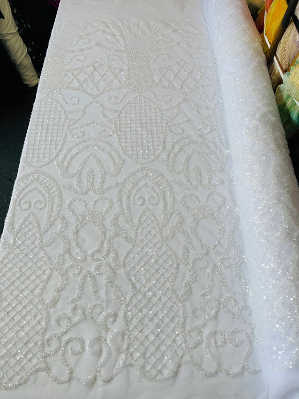 Beaded Fashion Design Fabric - White - Beaded Embroidered Damask Style Fabric on Mesh By Yard