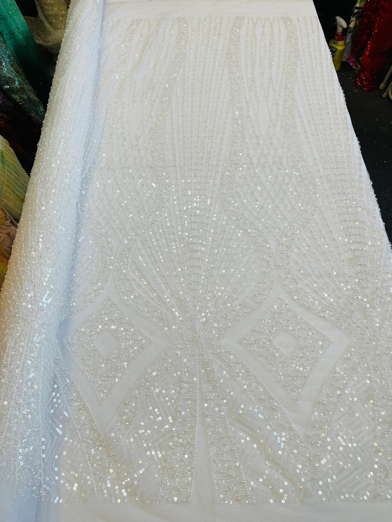Beaded Diamond Design Fabric - White - Beaded Embroidered Diamond Zig Zag Design on Mesh By Yard