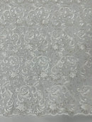 Metallic Floral Lace Fabric - White - Embroidered Sequins Floral Design Yard