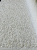 Floral Pattern Beaded Fabric - White - Embroidered Bead & Sequins Wedding Bridal Fabric Sold By The Yard
