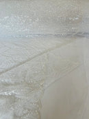 Beaded Leaf Designs Fabric - White - Embroidered Beads in Leaves Pattern Sold By Yard