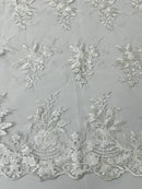 Floral Plant Lace Fabric - White - Flower Plant Design Lace Sequins Fabric Sold By Yard