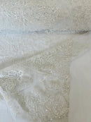 Beaded Fabric by yard - White - Damask Pattern With Beads and Sequin, Appliqué Lace for Bridal and Prom Dress