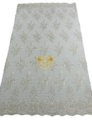 Floral Beaded Fabric - White - Embroidered Beaded Flowers Cluster Design on a Mesh Sold By Yard