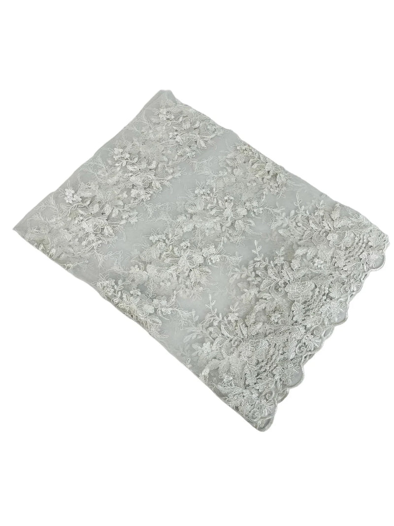 Floral Plant Lace Fabric - White - Flower Plant Design Lace Sequins Fabric Sold By Yard