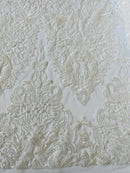 Beaded Fabric by yard - White - Damask Pattern With Beads and Sequin, Appliqué Lace for Bridal and Prom Dress