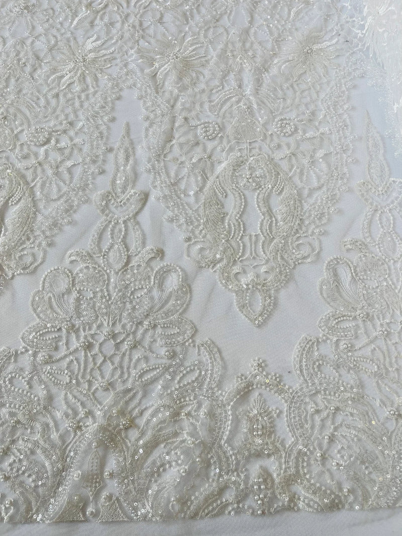 Beaded Fabric by yard - White - Damask Pattern With Beads and Sequin, Appliqué Lace for Bridal and Prom Dress