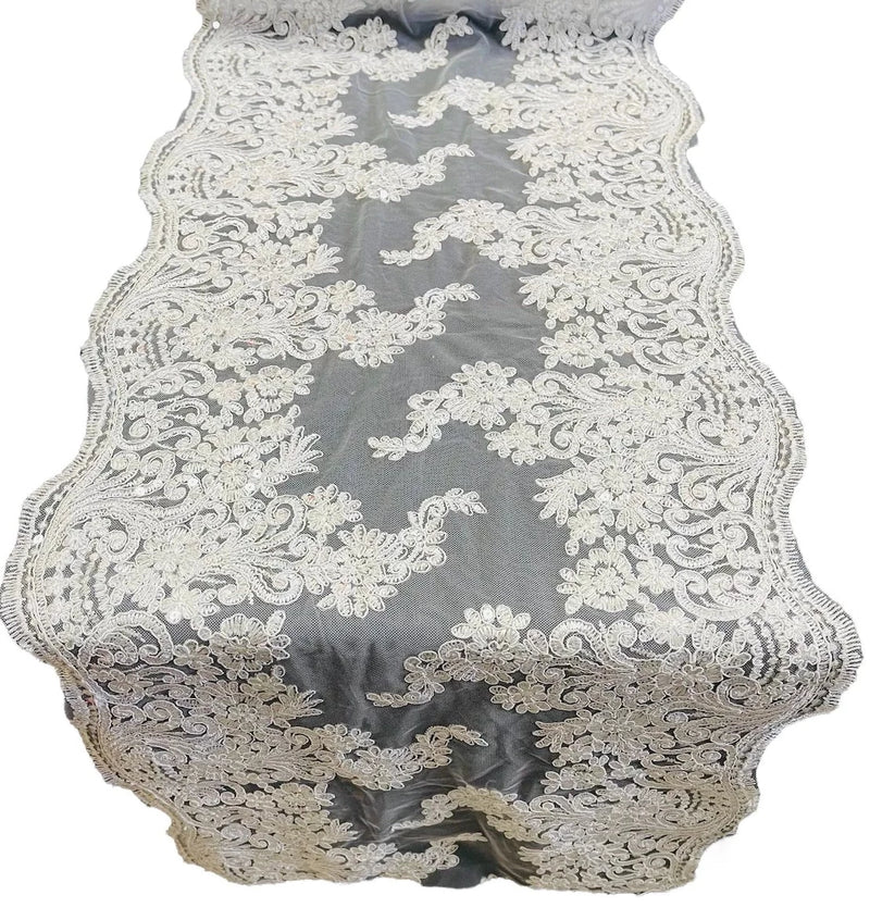 14" Metallic Floral Design Lace Table Runner - White - Event Table Decor Runner Sold By Yard