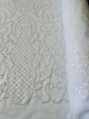 Beaded Fashion Design Fabric - White - Beaded Embroidered Damask Style Fabric on Mesh By Yard