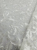 Metallic Floral Lace Fabric - White - Embroidered Sequins Floral Design Yard