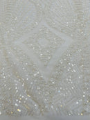 Beaded Diamond Design Fabric - White - Beaded Embroidered Diamond Zig Zag Design on Mesh By Yard