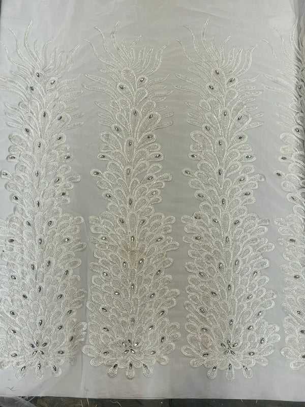 3D Beaded Peacock Feathers - White - Vegas Design Embroidered Sequins and Beads On a Mesh Lace Fabric (Choose The Panels)