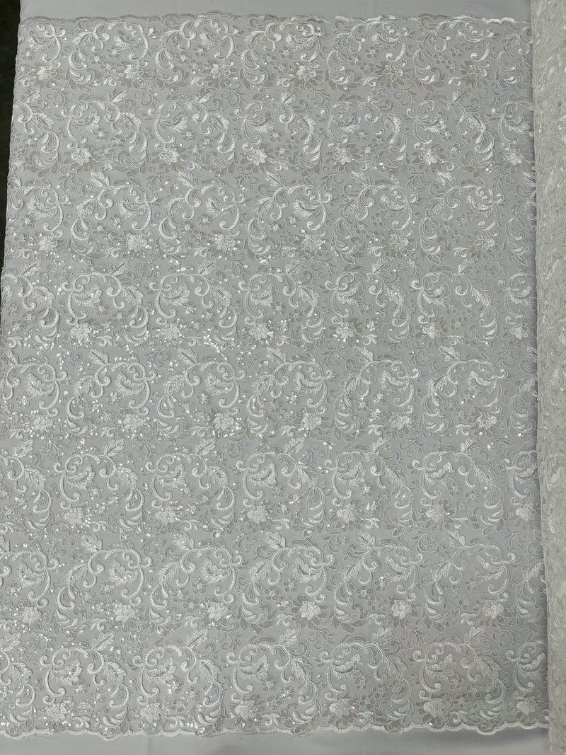 Metallic Floral Lace Fabric - White - Embroidered Sequins Floral Design Yard