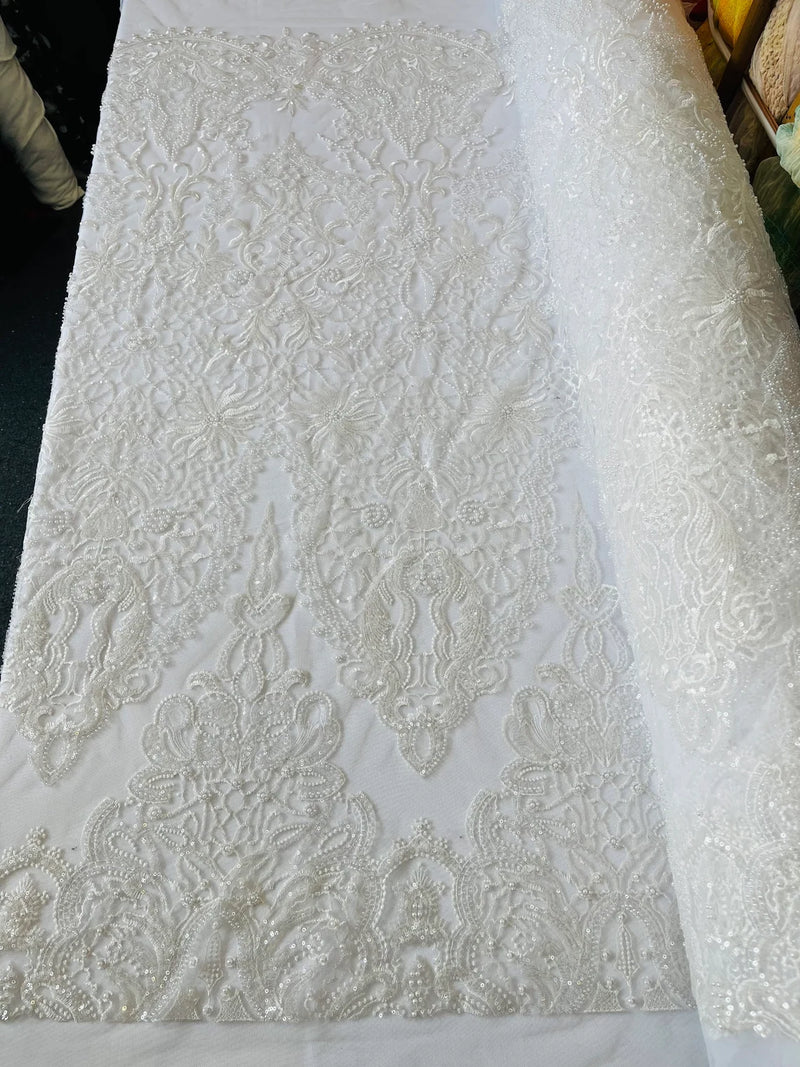 Beaded Fabric by yard - White - Damask Pattern With Beads and Sequin, Appliqué Lace for Bridal and Prom Dress