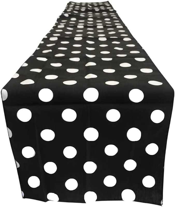 12" Polka Dot Table Runner - White on Black - High Quality Polyester Poplin Fabric Table Runners (Pick Size)
