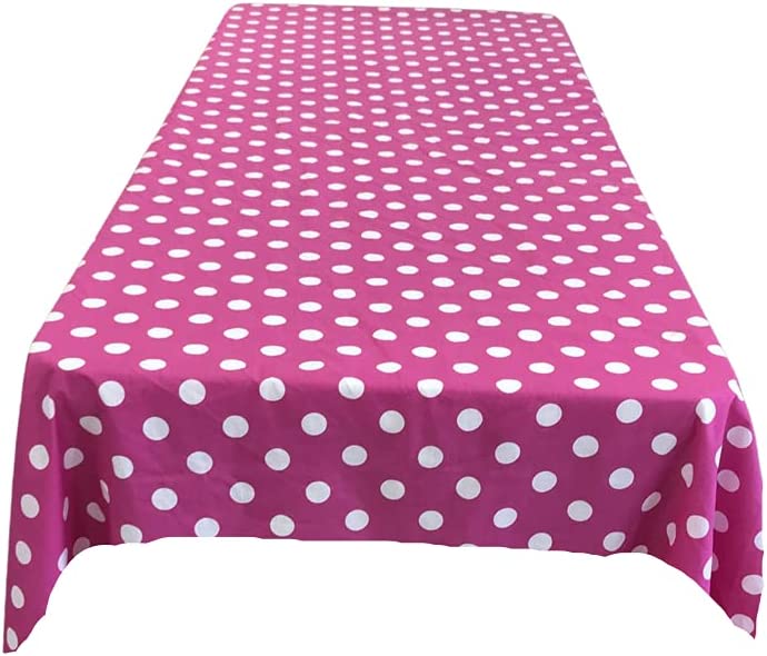 58" Polka Dot Tablecloth - White on Fuchsia - Polka Dot Design Rectangular Table Cover (Pick Size)