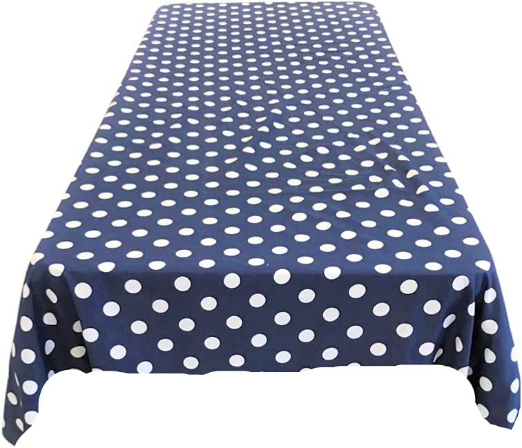 58" Polka Dot Tablecloth - White on Navy Blue - Polka Dot Design Rectangular Table Cover (Pick Size)