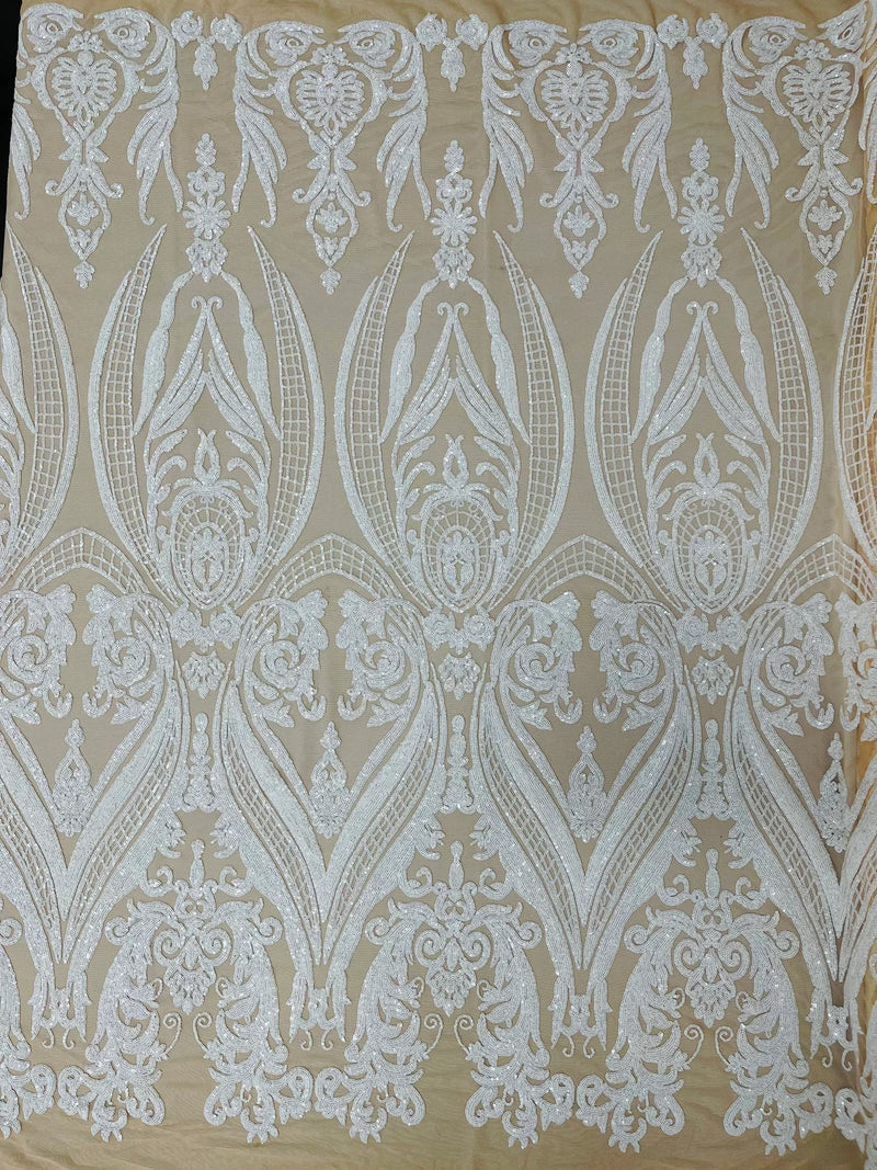 Big Damask Sequins Fabric - White on Nude - 4 Way Stretch Damask Sequins Design Fabric By Yard