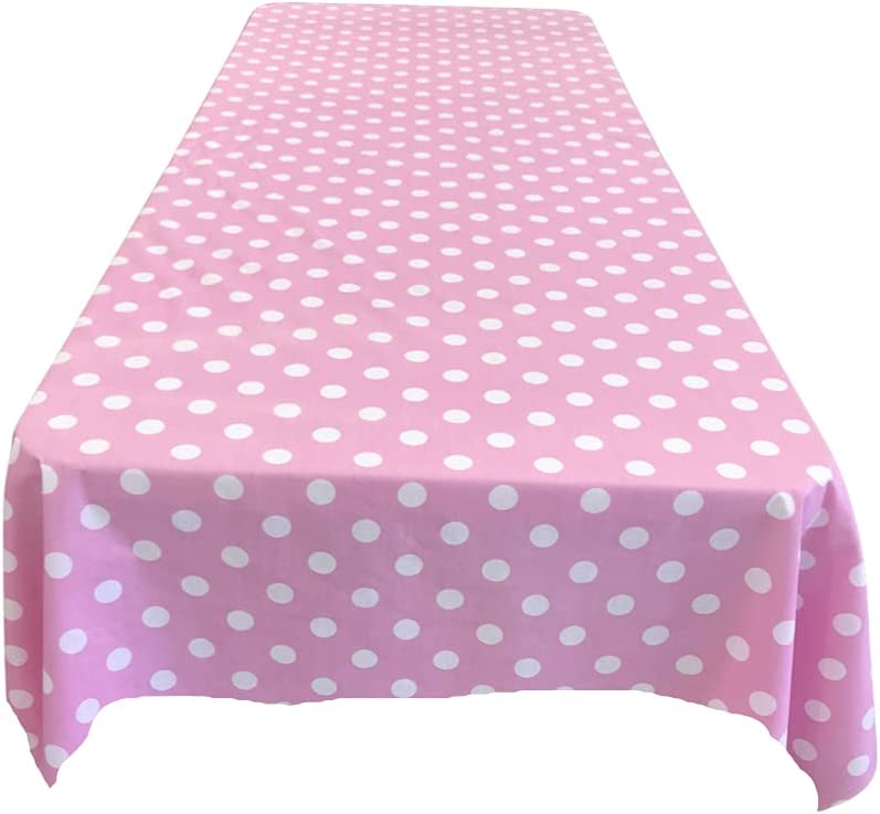 58" Polka Dot Tablecloth - White on Pink - Polka Dot Design Rectangular Table Cover (Pick Size)