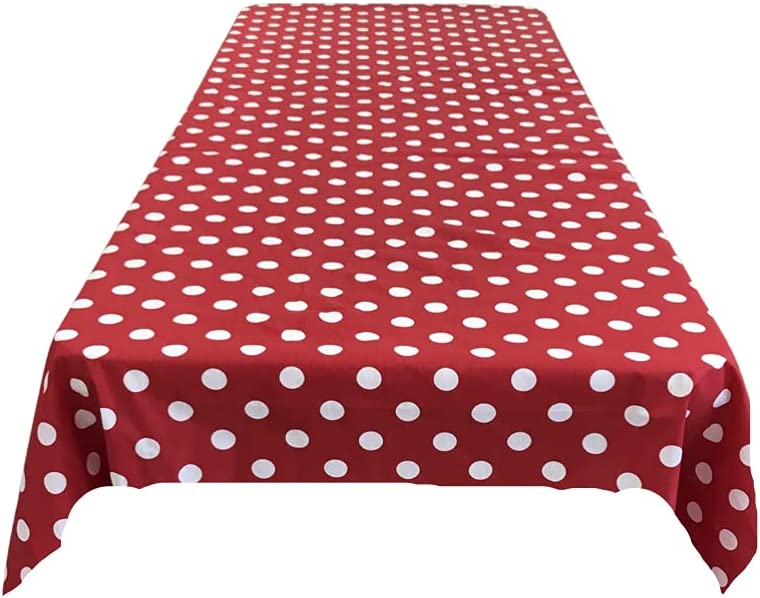 58" Polka Dot Tablecloth - White on Red - Polka Dot Design Rectangular Table Cover (Pick Size)