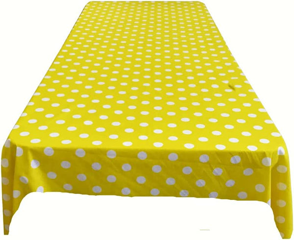 58" Polka Dot Tablecloth - White on Yellow - Polka Dot Design Rectangular Table Cover (Pick Size)