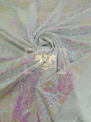 Mini Glitz Sequins - White / Pink Iridescent - 4 Way Stretch Mini Glitz Sequins on Mesh Fabric Sold By Yard