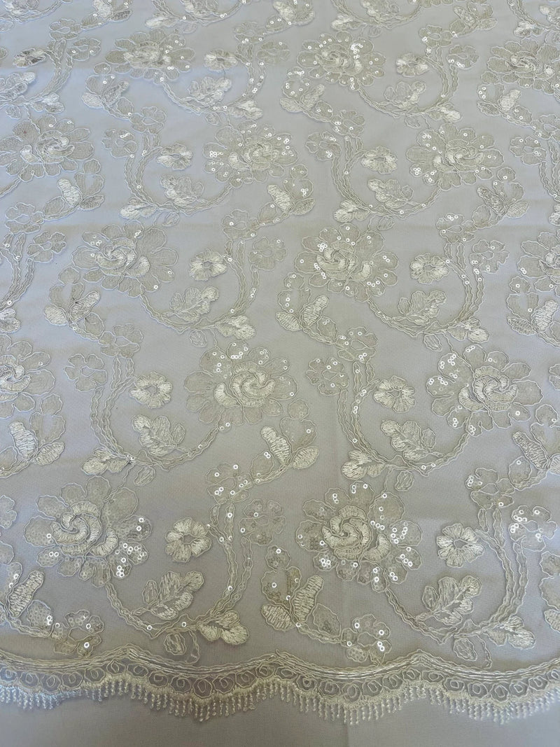 Embroidered Flower Lace - White - Corded Floral Lace With Sequins Sold By Yard