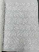 Small Flower Fabric - White - Floral Plant Embroidered Design on Lace Mesh By Yard
