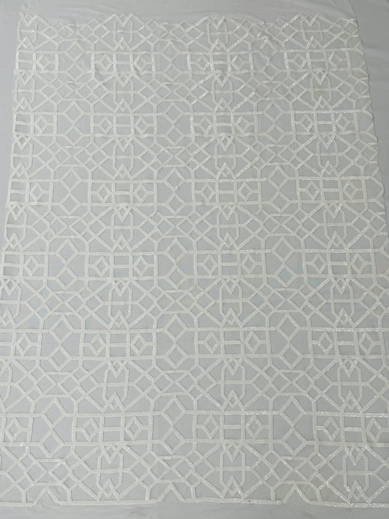 Geometric Shape Sequin - White - Fancy Geometric Sequins Design on Mesh By Yard