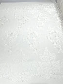 Damask Lace - Floral Damask Design Embroidered on Mesh Lace Fabric - 25 Yard Roll